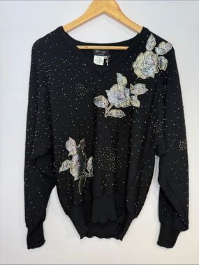 Diane Freis Black Embellished 100%  Merino wool V-Neck Sweater Floral Appliqués